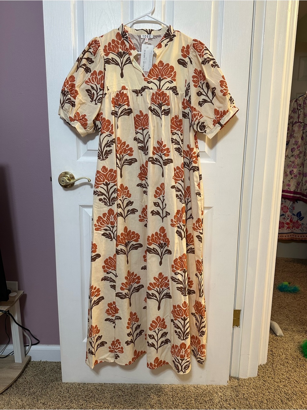 TCEC Large NWT Women's Floral Tiered Midi Dress - Cream with Rust Floral